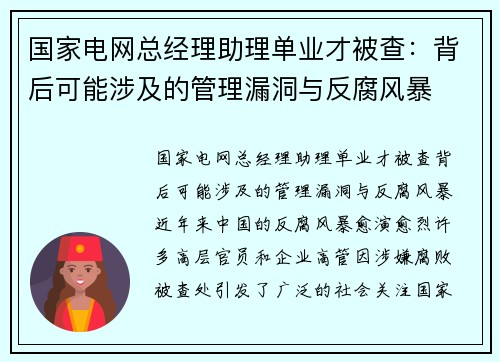 国家电网总经理助理单业才被查：背后可能涉及的管理漏洞与反腐风暴