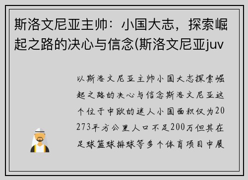 斯洛文尼亚主帅:小国大志,探索崛起之路的决心与信念(斯洛文尼亚juvan)