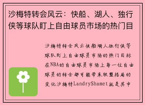 沙梅特转会风云:快船、湖人、独行侠等球队盯上自由球员市场的热门目标