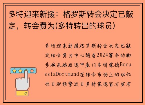 多特迎来新援:格罗斯转会决定已敲定,转会费为(多特转出的球员)