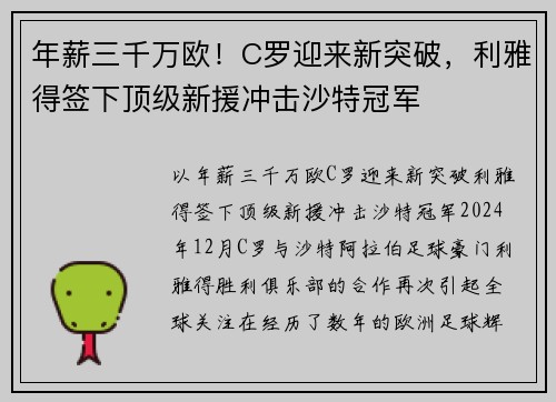 年薪三千万欧！C罗迎来新突破，利雅得签下顶级新援冲击沙特冠军