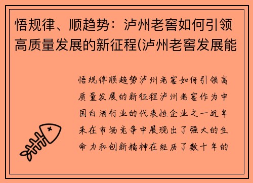 悟规律、顺趋势：泸州老窖如何引领高质量发展的新征程(泸州老窖发展能力)