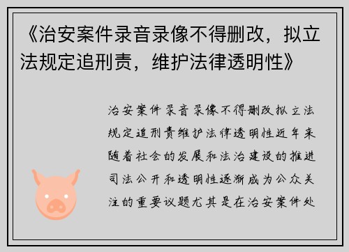 《治安案件录音录像不得删改，拟立法规定追刑责，维护法律透明性》