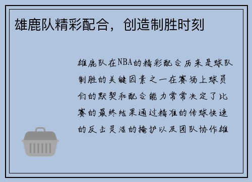 雄鹿队精彩配合,创造制胜时刻