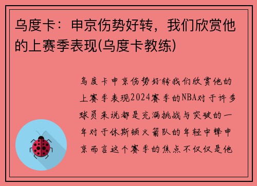 乌度卡：申京伤势好转，我们欣赏他的上赛季表现(乌度卡教练)