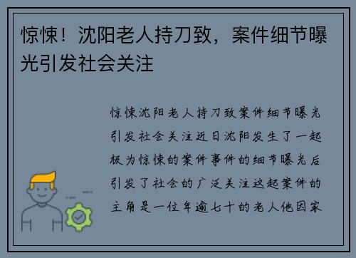 惊悚!沈阳老人持刀致,案件细节曝光引发社会关注