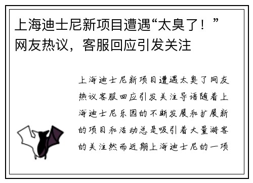 上海迪士尼新项目遭遇“太臭了！”网友热议，客服回应引发关注