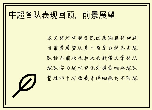 中超各队表现回顾，前景展望