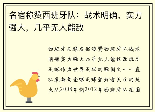 名宿称赞西班牙队：战术明确，实力强大，几乎无人能敌