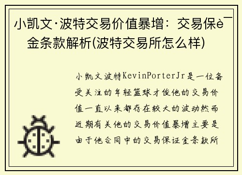 小凯文·波特交易价值暴增：交易保证金条款解析(波特交易所怎么样)