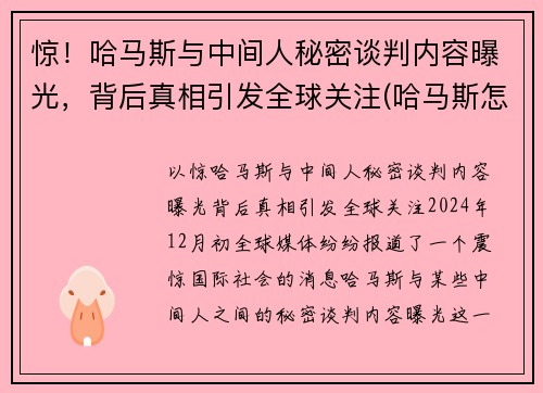 惊！哈马斯与中间人秘密谈判内容曝光，背后真相引发全球关注(哈马斯怎么了)