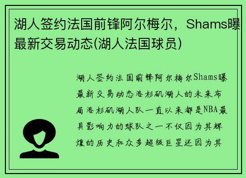 湖人签约法国前锋阿尔梅尔，Shams曝最新交易动态(湖人法国球员)