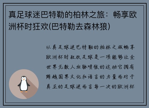 真足球迷巴特勒的柏林之旅：畅享欧洲杯时狂欢(巴特勒去森林狼)